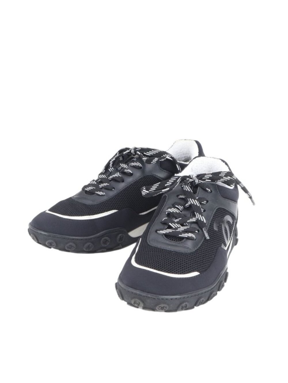 Chanel CC Logo Leather Low Cut Sneakers Lace Up Shoes Flat - Picture 1 of 8
